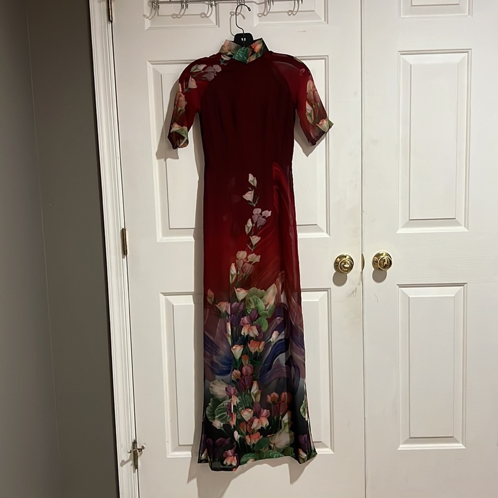 Turquoise Lily Vietnamese Ao Dai Tunic Dress